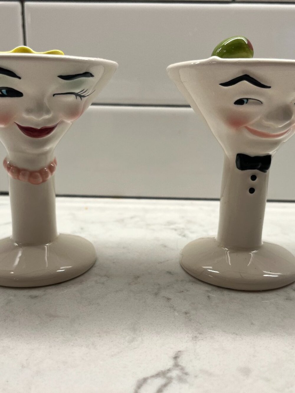 Vintage Clay Art Anthropomorphic Martini Glass Salt and Pepper Shakers from 1997